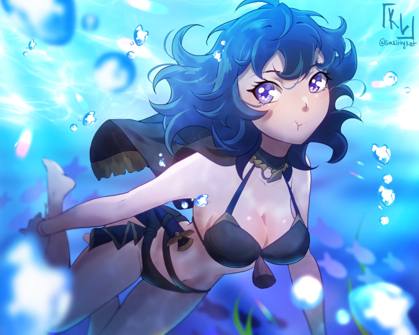 1niña traje_alterno bikini bikini_negro traje de baño_negro ojos_azules cabello_azul pechos byleth_(mujer)_(verano)_(emblema_de_fuego) byleth_(emblema_de_fuego) byleth_(emblema_de_fuego)_(mujer) mujer solo_mujer emblema_de_fuego emblema_de_fuego:_tres_casas emblema_de_fuego héroes_de_fuego oficial_alternativo de nintendo smkittykat solo traje de baño bajo el agua