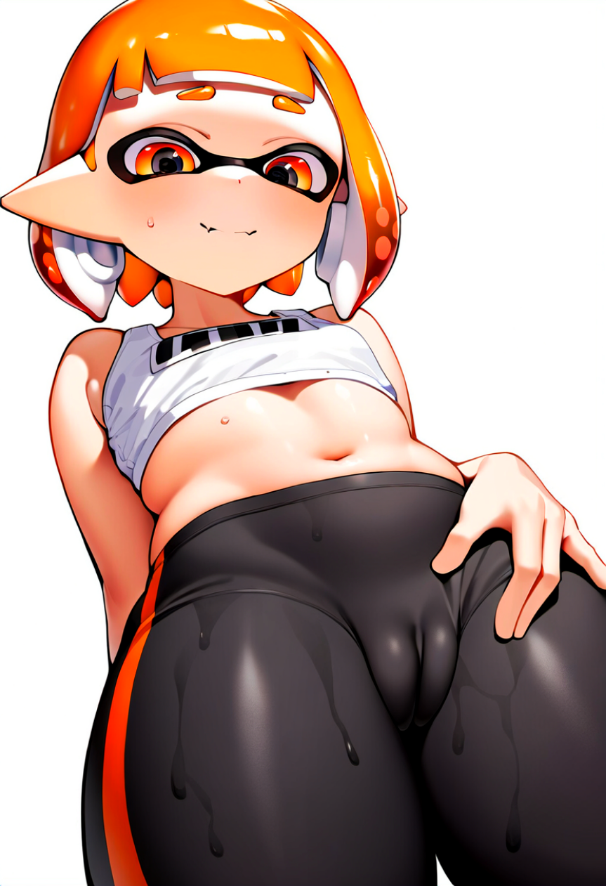 1girl ai_generated cameltoe enfoque_femenino inkling_girl ombligo nintendo ojos_naranjas cabello_naranja orejas_puntiagudas fondo_simple pechos_pequeños splatoon sudor cabello_tentáculo fondo_blanco mujer_joven