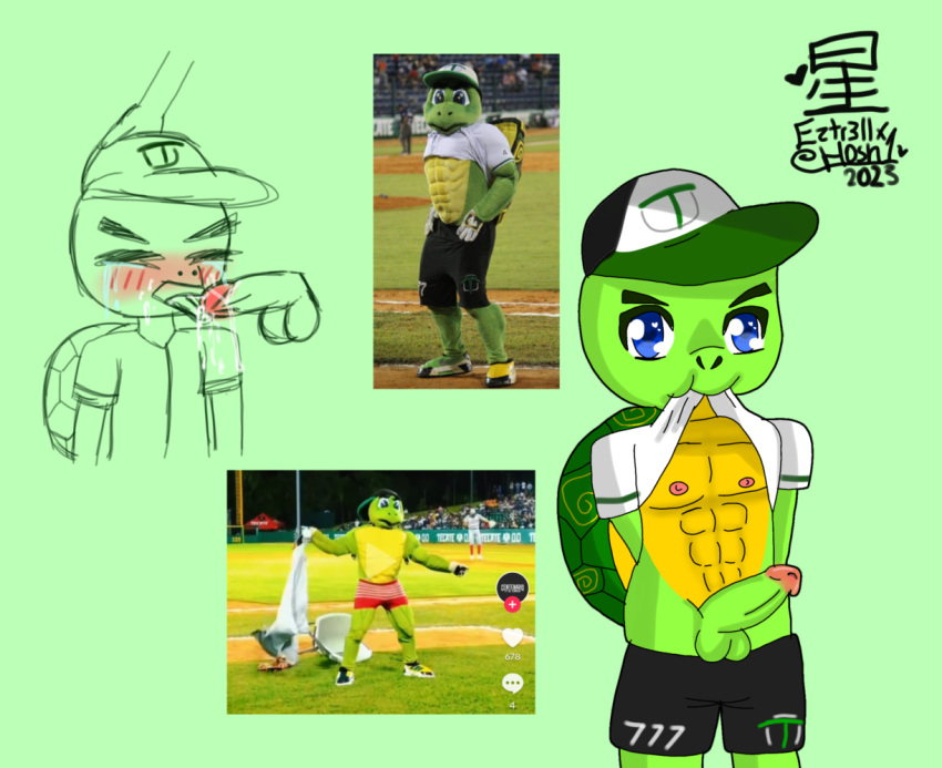 béisbol gorra de béisbol uniforme de béisbol pene_erecto felación piel_verde lmb mascotas pezones musculares mexicanos olmecas_de_tabasco pantalones_abajo pectorales pene pene_lamer pene_fuera pochichoco reptil caparazón tortuga caparazón_tortuga cuerpo_amarillo