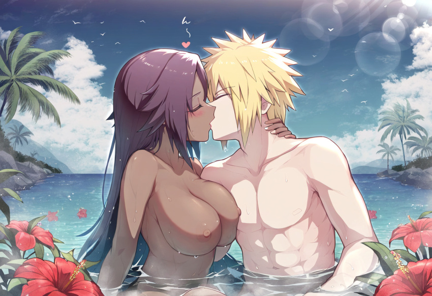 1boy 1girl blanqueador pelo_rubio pechos pareja besándose minato_namikaze naruto naruto_(serie) naruto_shippuden pezones desnudo desnudo_femenino desnudo_masculino yoruichi_shihouin