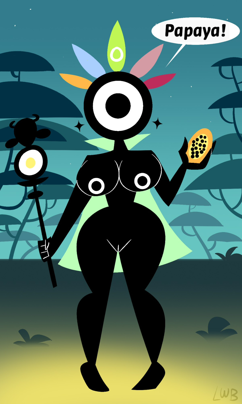 1girl 2021 anthro cuerpo_negro ojo_negro piel_negra pechos capa escote curvilíneo diálogo globo ocular holding_fruit holding_object lolwutburger pezones desnudo papaya patapon playstation sacerdotisa_meden coño sony_interactive_entertainment texto muslos_gruesos caderas_anchas