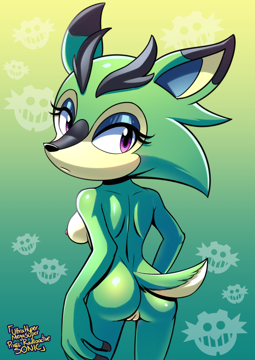 1girl 2020 anthro archie_comics culo sombra de ojos azul pecho clavo_el_pronghorn sombra de ojos sin dedos_(marca) fondo_degradado cuerpo_verde piel_verde mirando_hacia atrás mamífero cuerpo_multicolor orejas_multicolor sombra de ojos_azul marino pezón berrendo desnudo ojos_morados coño vista trasera sega sideboob sonic_the_hedgehog_(archie) sonic_the_hedgehog_(comics) edgehog_(serie) cola uhmsprs ultrahyper visto_desde_detrás