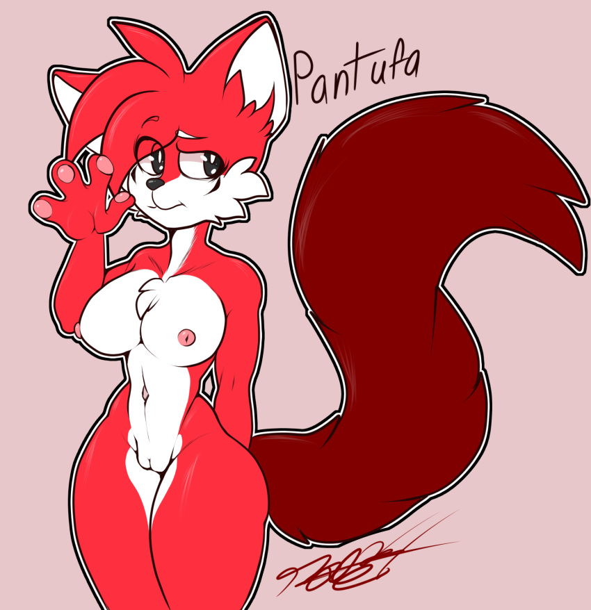 1girl 2022 anthro big_tail ojos_negros pechos gato con curvas fan_character felino justtaylor mirando_fuera marcas pechos medianos cuerpo_multicolor pezones ombligo desnudo personaje_original pantufa_the_cat patas pezones_rosas coño pelaje_rojo fondo_simple sonic_oc sonic_the_hedgehog_(serie) cola