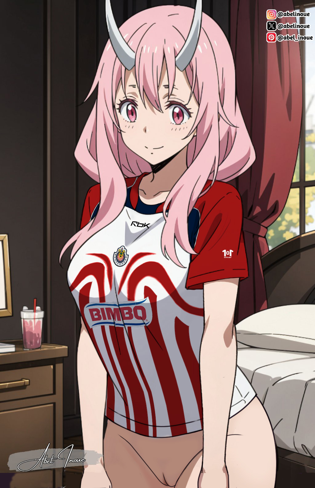 chivas sin fondo chica_demonio cuernos pelo_largo mirando_visor nekom14 sin_bragas ojos_rosas pelo_rosa coño shuna_(tensei_shitara_slime_datta_ken) camiseta_de_futbol tensei_shitara_slime_datta_ken