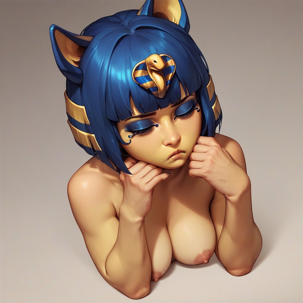 ai_generated ankha ankha_(animal_crossing) pelo_azul pechos orejas_de_gato ojos_cerrados egipcio ropa_egipcia delineador_de_ojos_egipcio mujer_egipcia tocado_egipcio manos_en_la_cabeza pezón_deslizamiento pezones triste cara_triste pelo_corto pensamiento