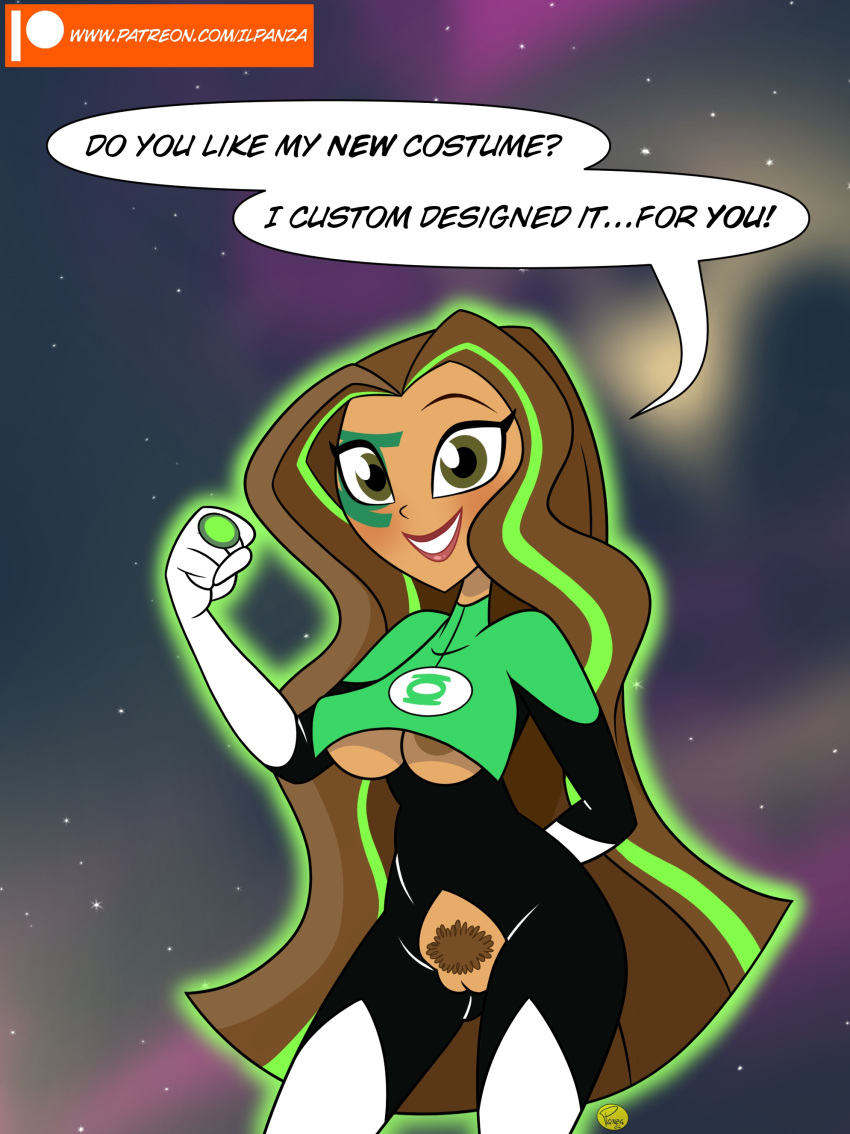 1girl pechos cabello_marrón piel_marrón red_de_caricaturas dc_comics dc_super_hero_girls diálogo linterna_verde ilpanza jessica_cruz mirando_al_visor cabello_púbico coño sonrisa texto de burbuja de discurso ropa_desgarrada warner_brothers