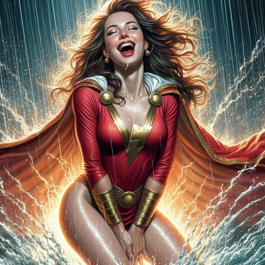 ai_generated cinturón pechos grandes mono pulsera sin fondo capa de pelo_marrón ojos_cerrados dc_comics dc_comics lápiz labial relámpago pelo_largo mangas_largas mary_marvel lluvia mono_rojo lápiz labial rojo sonrisa gritando agua capa_blanca