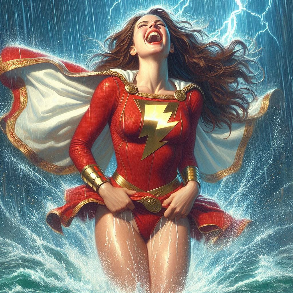 ai_generated cinturón big_breasts body pulsera brown_hair capa ojos_cerrados dc_comics dc_comics relámpago lápiz labial pelo_largo mangas_largas mary_marvel minifalda lluvia red_bodysuit red_lipstick lápiz labial rojo gritando falda_levante sonrisa agua mojado capa_blanca