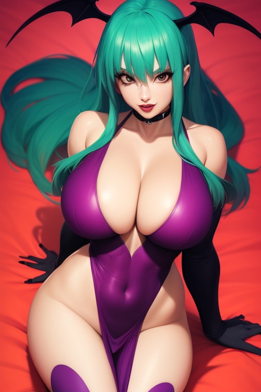 1girl ai_generated big_breasts darkstalkers solo_mujer frosting.ai green_hair head_wings headwings enormes_pechos mirando_al_visor morrigan_aensland vampire_savior