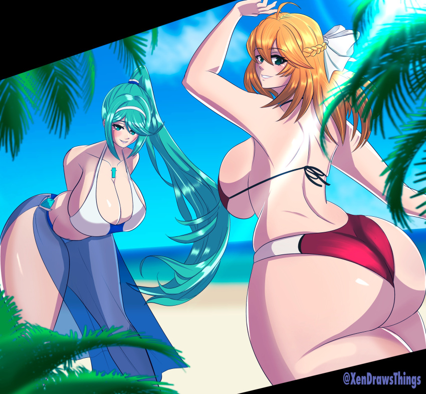 1 niña 2_chicas 2 mujeres culo seductor enfoque_culo playa pechos_grandes bikini cabello_rubio volquete_culo femenino solo fiora_(xenoblade) ojos_verdes cabello_verde nintendo pneuma_(xenoblade) sarong tagme grueso culo_grueso muslos_gruesos muslos voluptuosa mujer_voluptuosa caderas anchas xendrawsseggs xendrawsthings xenoblade_(serie) enoblade_chronicles xenoblade_chronicles_2