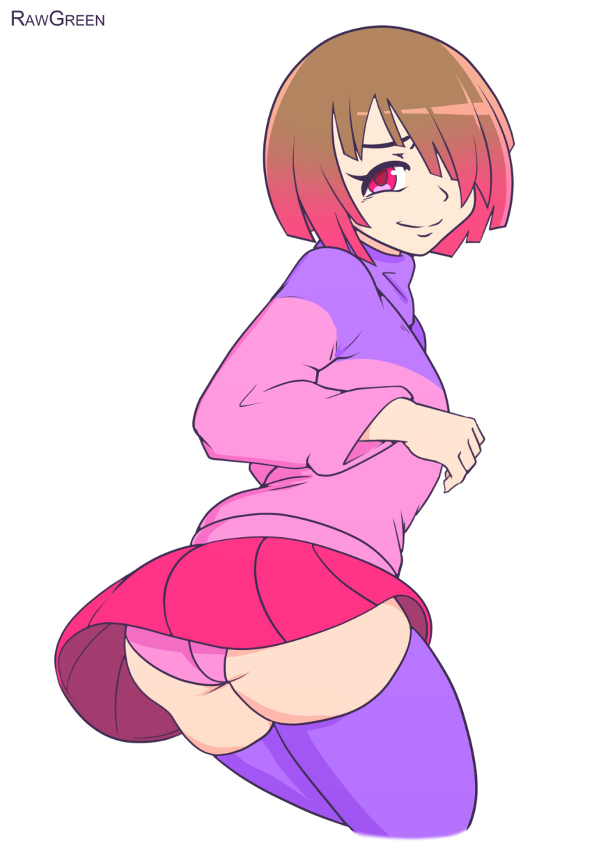 1girl ass bete_noire betty_noire bob_cut brown_hair lindo digital_media_ (obras de arte) Eyelashes femense_only Glitchtale Green Hair_over_one_eye Looking_at_viewer Pink_eyes Pink_Hair Pink_Panties Pink_Skirt Purple_shirt Purple_Stockings Redgreen Red_Hirt Short Short Short Shair Skirt THIRT_SKITR IGH_SOCKS Undalle_au Upskirt White_Background Zettai_Ryauiki