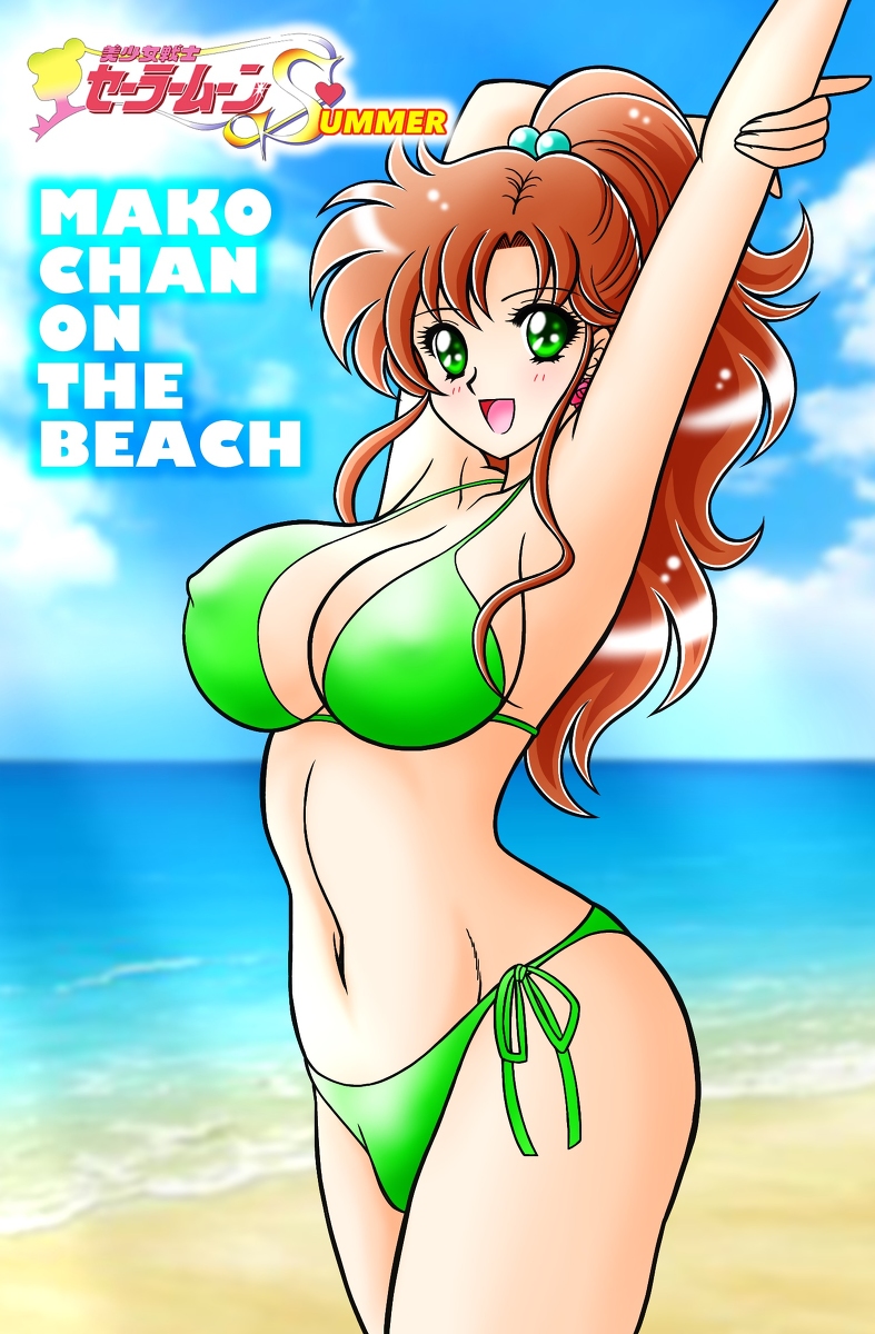 1 chica seductora playa pechos grandes bikini bishoujo_senshi_sailor_moon cabello_marrón pezones_erectos cubiertos ojos_verdes cola de caballo alta alta resolución kino_makoto cabello_largo mirando_al_visor océano pin_up marinero_jupiter arena estiramiento traje de baño tatsumi_kyouhei agua