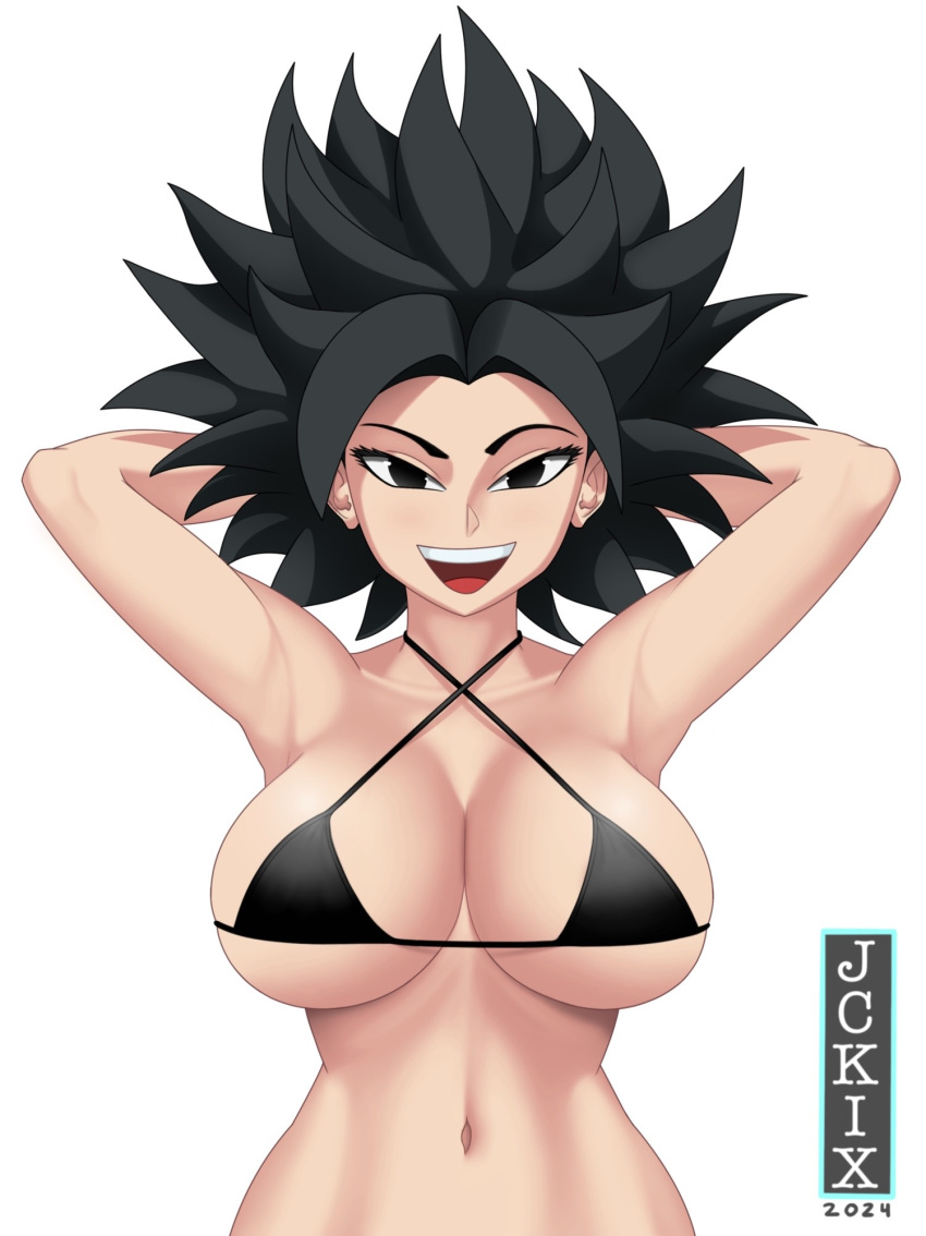 1girl axilas brazos_detrás_de_la_cabeza artista_logo pechos_grandes top_bikini perra pelo_negro caulifla escote dragon_ball dragon_ball_super solo_mujer puta jckix_art mujer_de_piel_clara pervertido_piel_clara pervertida_mujer_saiyan invitación_sexo sexualmente_sugerente