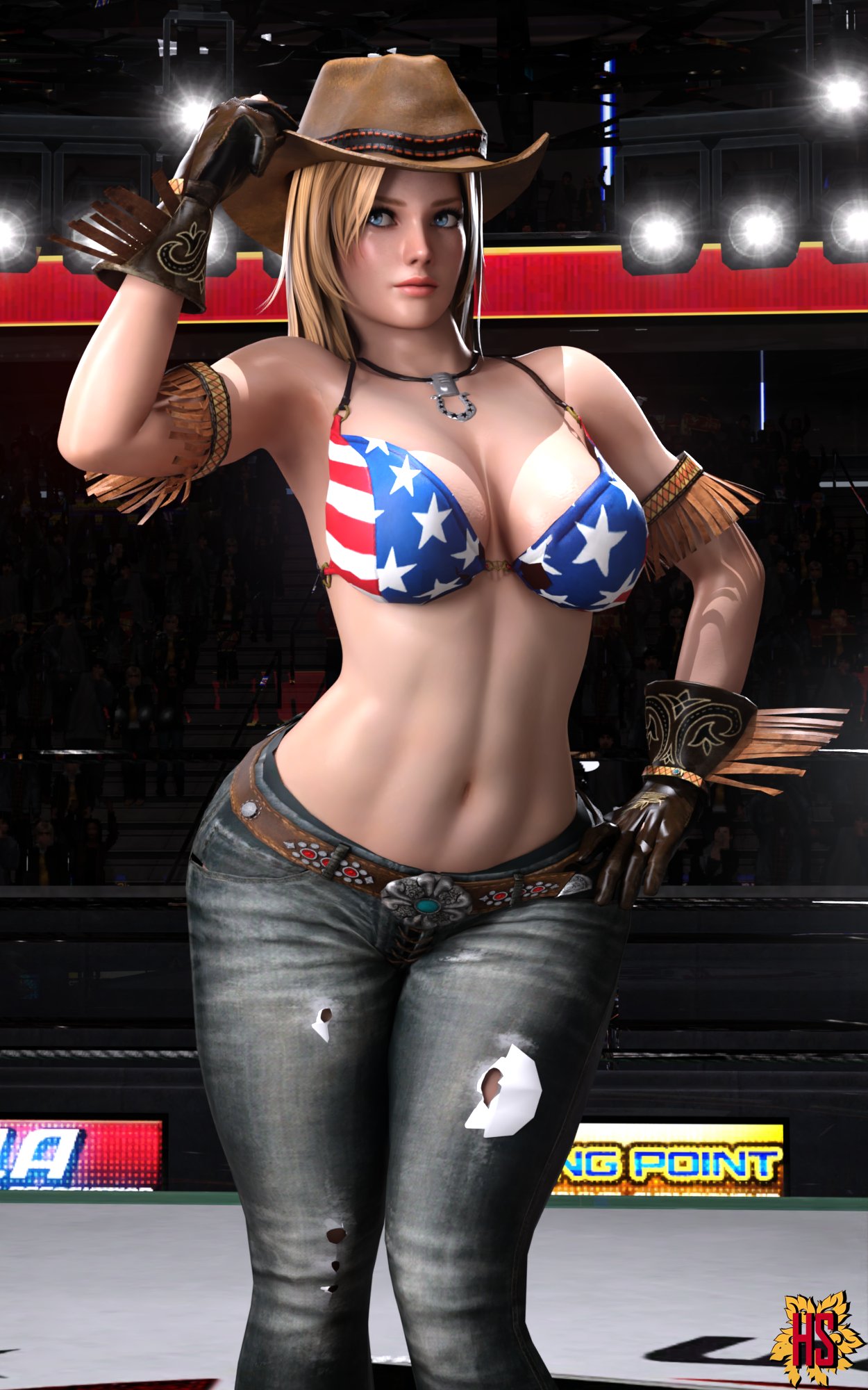 0 _fortune dead_or_alive_xtreme_beach_volleyball dead_or_alive_xtreme_venus_vacation enfoque_femenino solo femenino hagiwara_studio sombrero figura_reloj de arena jeans pelo_largo pin_up tina_armstrong caderas_anchas lucha_ring