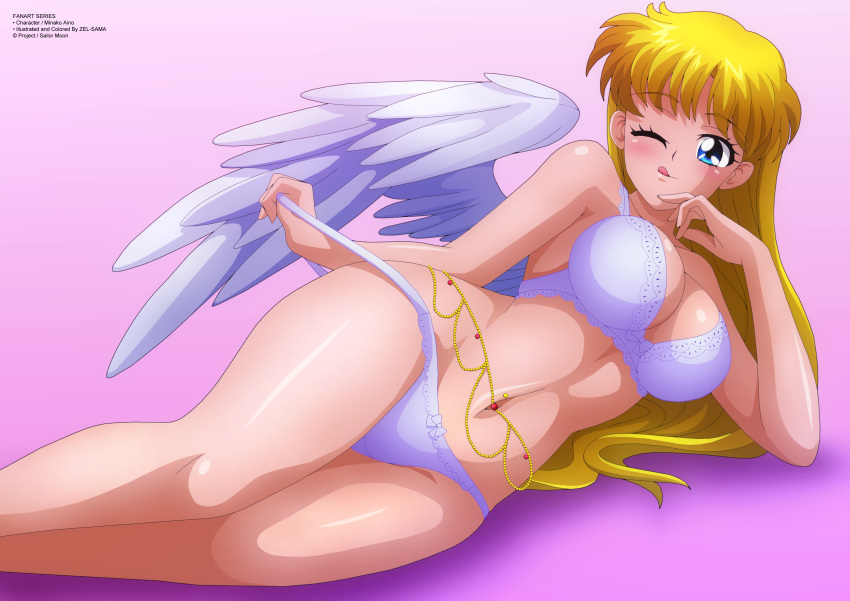 1girl 1girl absurd_res aino_minako A Purple_Panties Sailor_Mars Smile Tongue Tongue_out Underwear Wings Wink Zel-sama