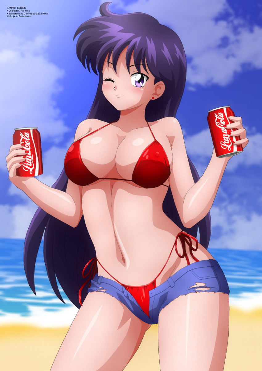 1girl absurd_res seductor playa big_breasts bikini bishoujo_senshi_sailor_moon black_hair blue_shorts rubor brand_name_imitation can escote nube coca-cola clavícula cortes denim denim_shorts bebida Drink_can aretes high_res highleg highleg_bikini hino_rei joyas pelo largo mirando_al_visor esmalte de uñas ombligo océano one_eye_closed open_clothes open_fly open_shorts ojos red_bikini marinero_venus arena short_shorts pantalones cortos side-tie_bikini_bottom cielo sonrisa refresco lata de refresco traje de baño toei_animation ropa_ropa pantalones cortos rasgados guiño de agua zel-sama