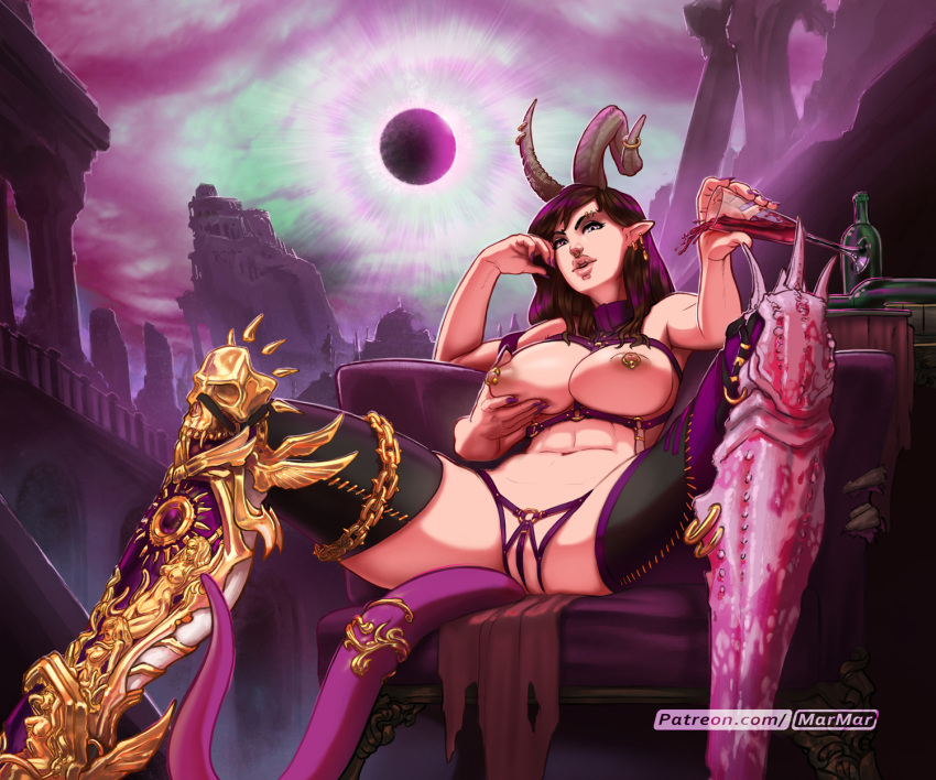 abs big_breasts pechos daemon daemon_girl daemonette demon_girl pelo_largo marmar múltiples_brazos piercing_pezón piercing_pezón piel_rosa pelo_morado cola semi_desnuda warhammer_(franquicia) warhammer_40k warhammer_fantasy