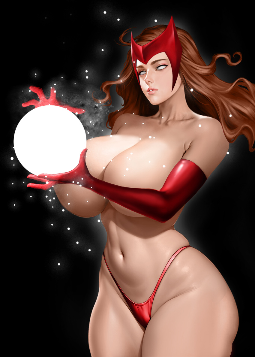 casi_desnuda casi_nuda pechos_grandes fondo_negro botslim cabello_marrón guantes_de_bola de energía brillando hentai-foundry pechos_enormes guantes_largos pelo_largo marvel marvel_comics orbe bragas bikini_rojo guantes_rojos bragas_rojas bruja_escarlata ojos_blancos