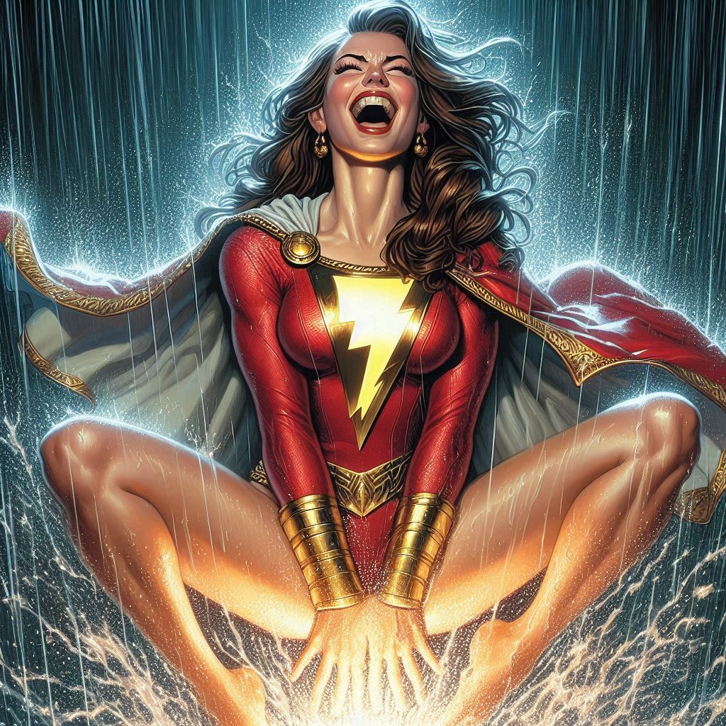 ai_generated cinturón pechos_grandes mono pulsera sin fondo capa_de_pelo_marrón ojos_cerrados cubriendo_coño dc_comics dc_comics lápiz labial relámpago pelo_largo mangas_largas mary_marvel lluvia traje_rojo lápiz labial rojo sonrisa gritando piernas_abiertas agua capa_blanca