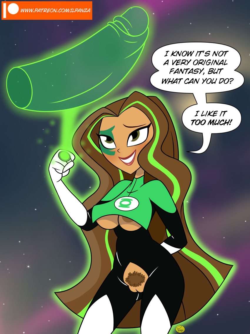 1girl pechos brown_hair brown_skin cartoon_network dc_comics dc_super_hero_girls dialog green_lantern holograma ilpanza jessica_cruz mirando_al_visor pene vello_púbico coño sonrisa discurso_burbuja texto ropa_ropa warner_brothers