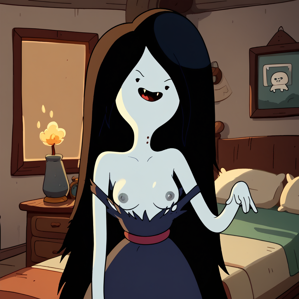 tiempo_aventura ai_generado cama dormitorio cinturón vestido_negro pelo_negro pechos vestir pezones_grises pelo_largo mirando_al_visor marceline_abadeer pezones boca_abierta mujer_piel_pálida piel_pálida tirando_ropa cinturón_rojo seductor ojos_seductores topless vampiro