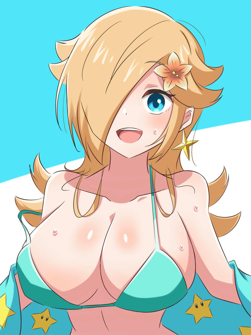 1 chica seductora pechos grandes bikini cabello_rubio ojos_azules escote ropa mario_(serie) mario_kart_tour nintendo princess_rosalina rosalina super_mario_bros. desnudándose yassrosalina