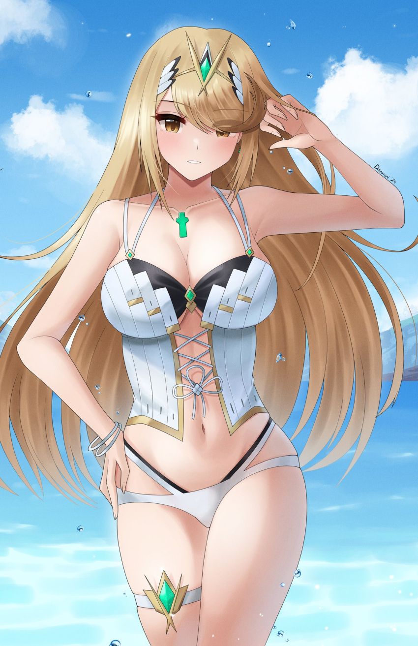 0 pieza_traje de baño agua white_bikini white_bikini_bottom white_swimsuit xenoblade_( serie) xenoblade_chronicles_2 ojos_amarillos joven mujer_joven