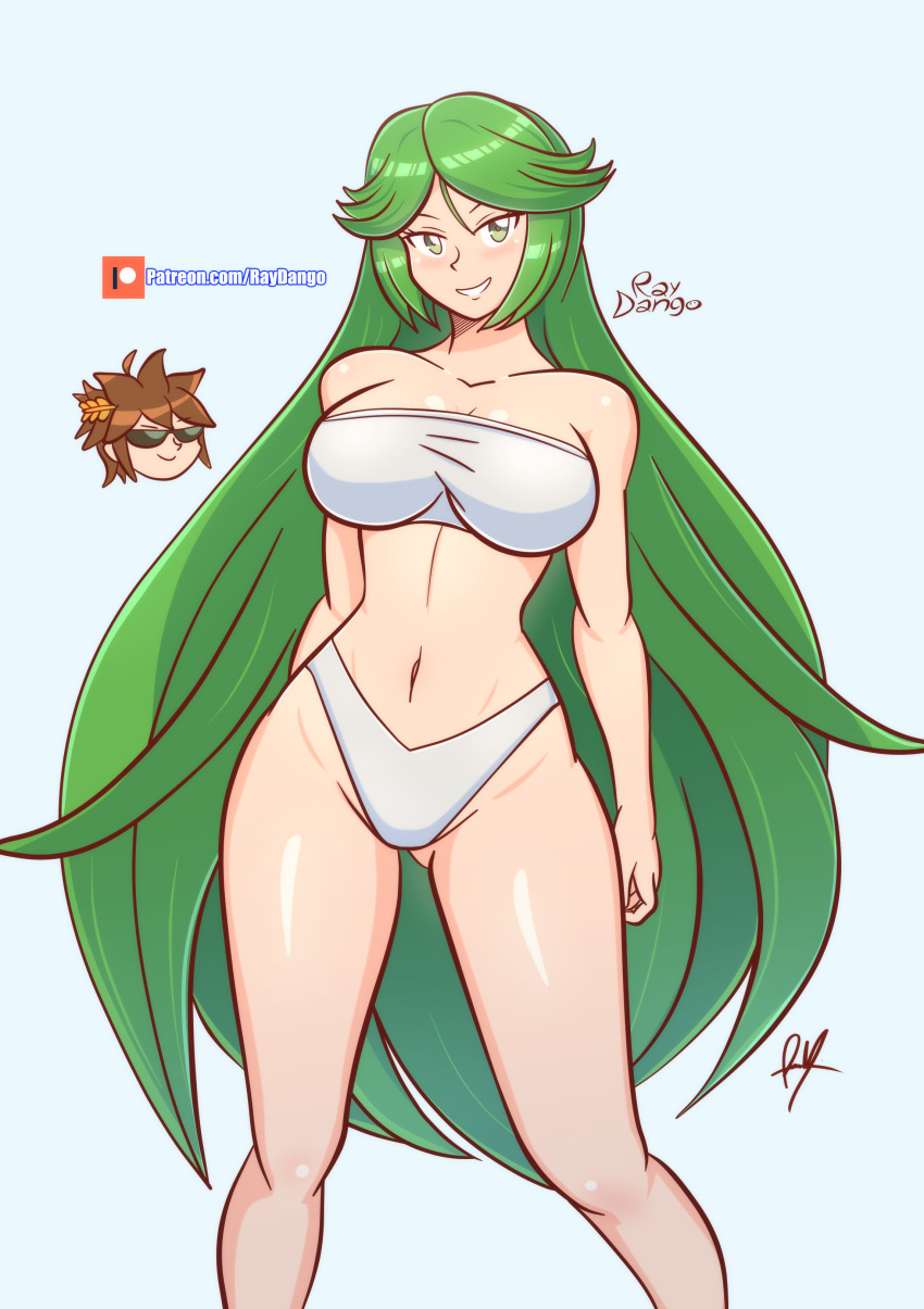 1girl 1girl seductor traje_alternativo pechos grandes bikini escote ojos_verdes pelo_verde kid_icarus masculino nintendo palutena pit raydango traje de baño