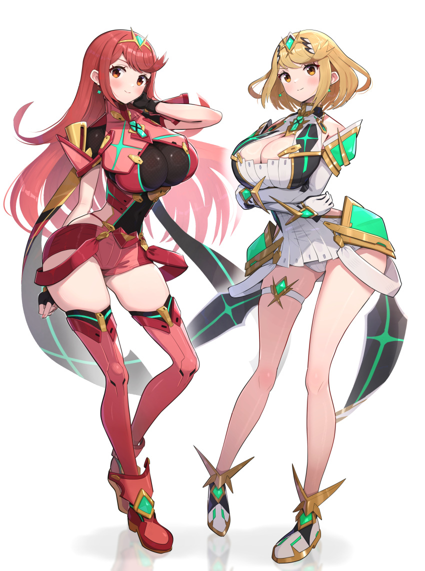 2_chicas seductoras longitud_de_pelo_alternativa peinado_alternativo pechos_grandes escote cuerpo_completo gonzarez pelo_largo varias_niñas mytra nintendo pyra ojos_rojos pelo_corto xenoblade_(serie) xenoblade_chronicles_2 ojos_amarillos