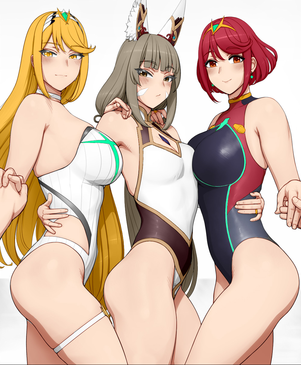 3_chicas seductoras piernas_desnudas pechos_grandes bikini cabello_rubio ojos_marrones color_solamente-mujer_piernas_altas cabello_largo lvl_(sentrythe2310) pechos_medios mytra nia_(blade)_(xenoblade) nia_(xenoblade) nintendo one-piece_bikini posando pyra ojos_rojos cabello_corto cabello_plateado xenoblade_(series) _2 ojos_amarillos