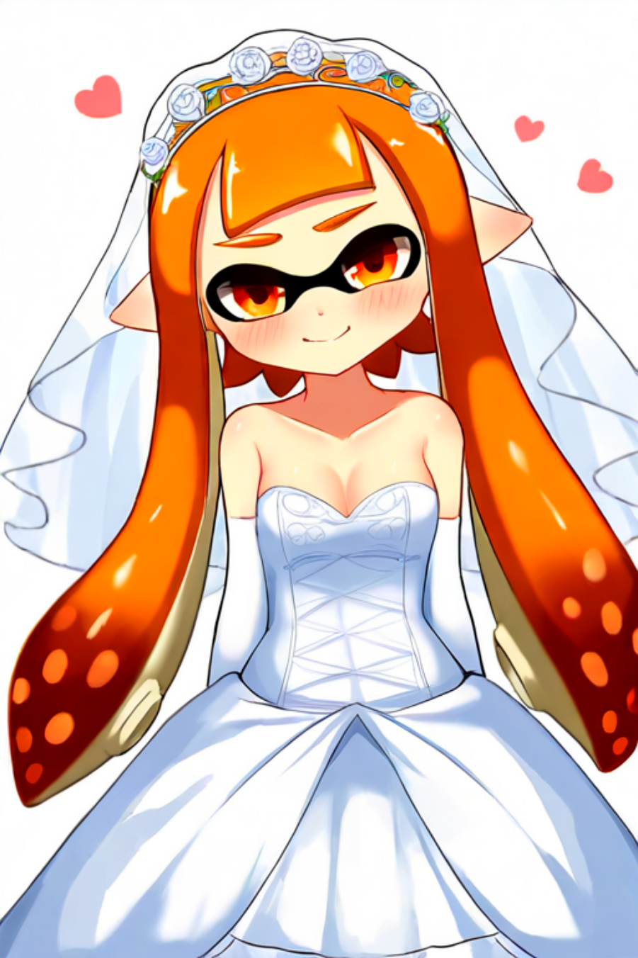 ai_generated sonrojo enfoque_femenino escuchar corazón indicio niña_instinto mirando_al_visor nintendo ojos_naranjas cabello_naranja orejas_puntiagudas fondo_simple pechos_pequeños sonriendo_al_visor splatoon splatoon_(serie) cabello_tentacle colas gemelas velo vestido de novia fondo_blanco