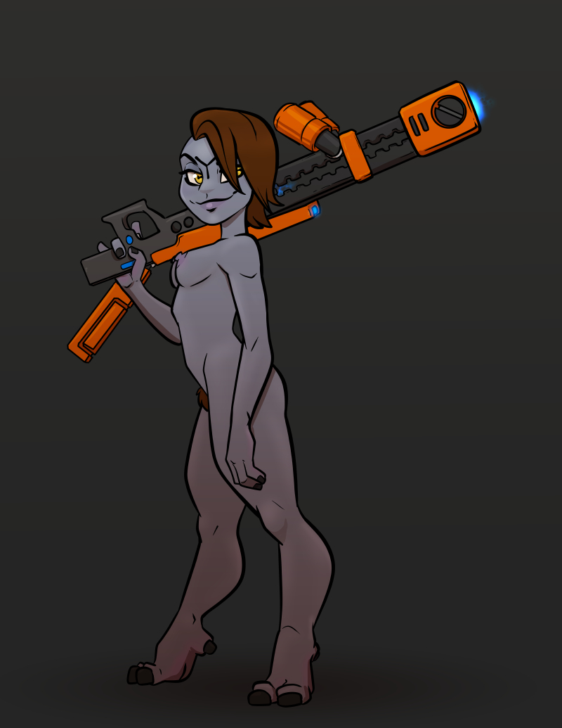 alienígena alien_girl alien_humanoid piernas_animal cabello_marrón mirando_visor pezón_deslizamiento pezones desnudo mujer_desnuda pelo_púbico rifle pelo_corto t'au tau warhammer_(franquicia) warhammer_40k arma