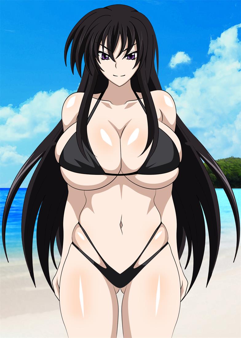 1 chica seductora amano_yuuma piernas desnudas playa pechos grandes cabello negro cielo azul escote high_school_dxd océano ojos morados debajo del pecho yxyyxy