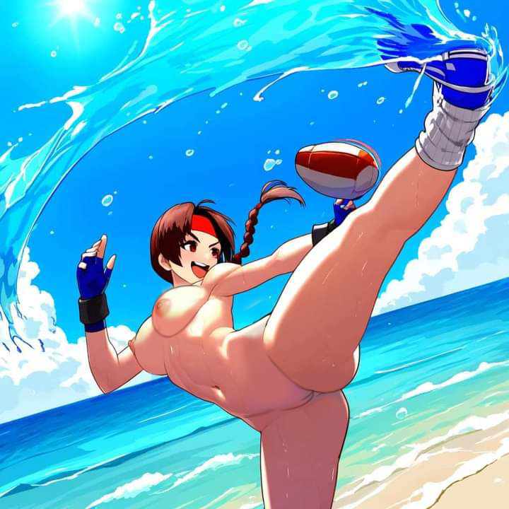 playa pechos grandes cola de caballo trenzada cabello castaño guantes diadema patadas cabello largo nekom14 pezones sonrisa con la boca abierta coño piernas abiertas the_king_of_fighters yuri_sakazaki