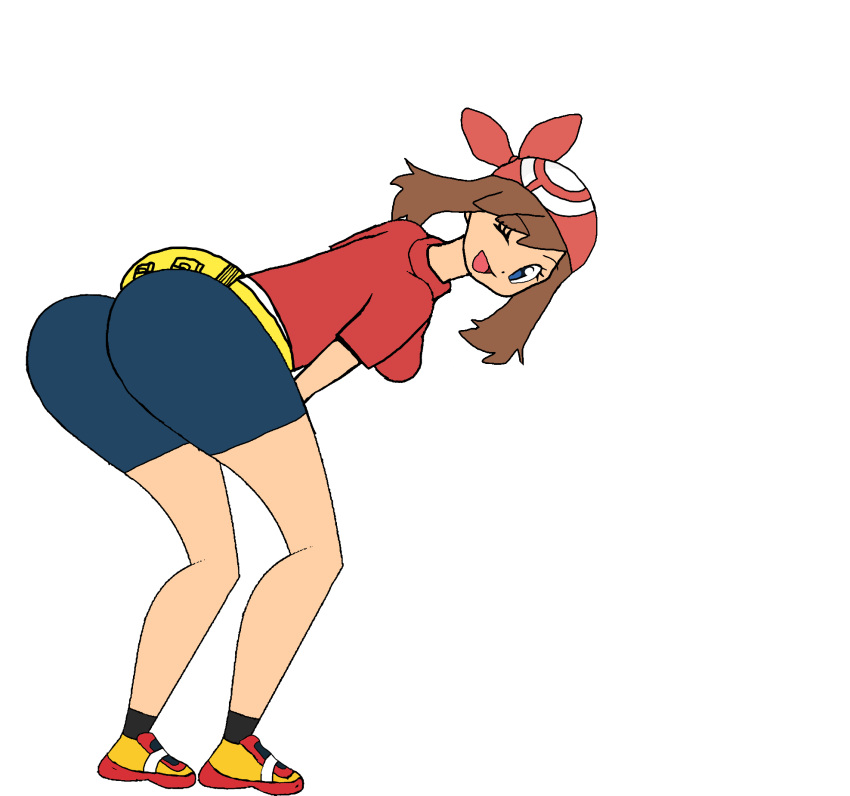 2024 culo culo ojos azules pantalones cortos azules cabello castaño completamente vestido mayo (pokemon) pokemon camiseta roja zapatos rojos guiño al espectador