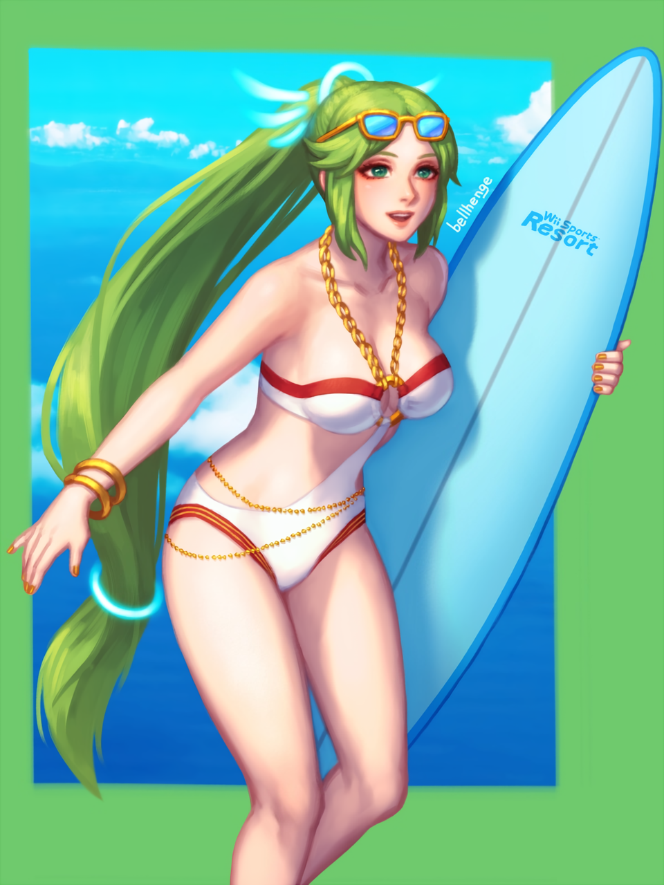 1 chica 1 chica 1 chica seductora brazalete bellhenge pechos grandes bikini escote solo mujeres ojos verdes cabello verde joyas kid_icarus kid_icarus_uprising cabello largo nintendo traje de baño de una pieza boca abierta afuera palutena gafas de sol super_smash_bros. tabla de surf cabello muy_largo