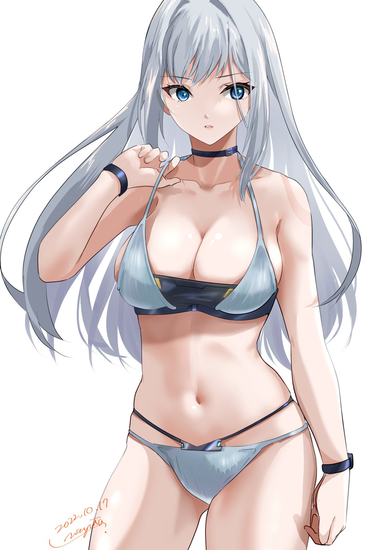 1girl 1girl seductora pechos grandes bikini ojos azules escote ethel_(xenoblade) cabello gris alta_resolución cabello_largo mirando_al_espectador ombligo nayuta-kanata fondo_simple traje_de_baño cabello_muy_largo fondo_blanco xenoblade_(serie) xenoblade_chronicles_3