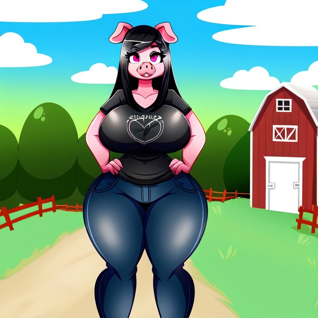 1 chica ai_generated ai_hands anthro pechos grandes cabello negro camiseta negra pantalones azules granja frosting.ai culo grande pelo largo personaje original cerdo orejas de cerdo nariz de cerdo ojos rosados ​​piel rosada muslos gruesos voluptuosa caderas anchas