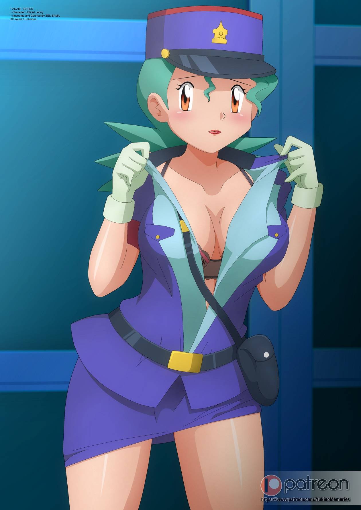 1 chica atractiva pechos grandes sujetador negro sujetador escote cabello verde mirando al espectador oficial jenny oficial jenny (pokemon) pokemon pokemon (anime) pokemon rgby policía oficial de policía uniforme de policía falda desvistiéndose zel-sama