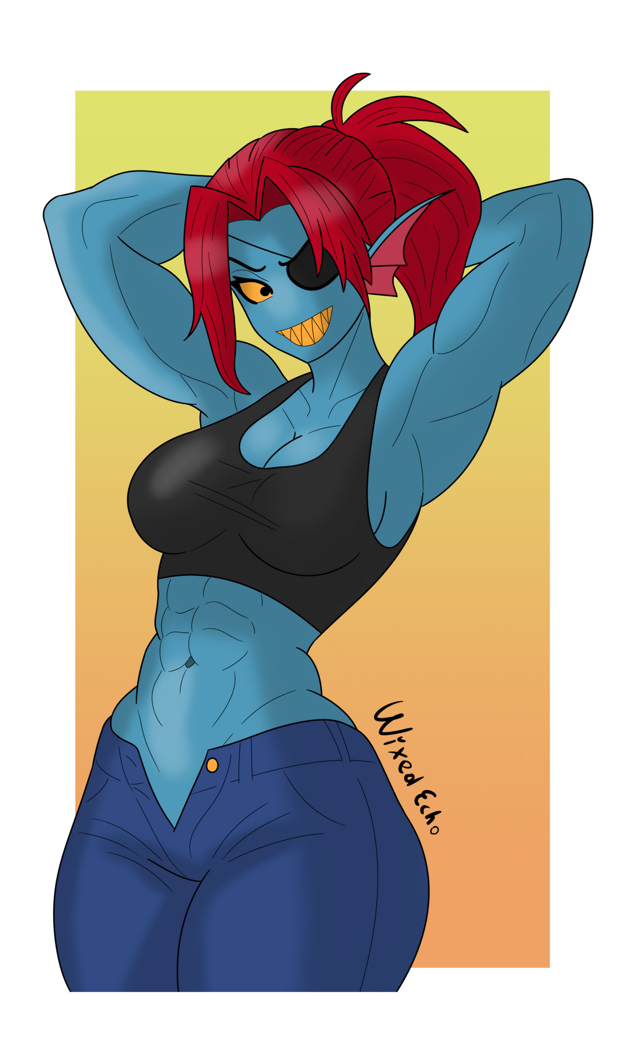 1chica 2020s 2023 2d 2d_(obra de arte) abdominales anthro solo anthro axilas nombre_del_artista culo pechos_grandes top_corto_negro camiseta_sin_mangas_negra top_negro cuerpo_azul ropa_inferior_azul piel_azul ropa_inferior pechos escote vestida anthro_vestida mujer_vestida ropa top_corto deviantart medios_digitales_(obra de arte) aletas_de_las_orejas parche en el ojo abdominales_femeninos anthro_femenino solo_femenino aletas pez chica_pez cabello manos_detrás_de_la_cabeza aletas_de_la_cabeza mirando_al_espectador marina abdomen monstruo chica_monstruo músculo muscular anthro_muscular femenino ombligo pezones pechos_no_mamíferos pinup coño cabello_rojo dientes_afilados fondo_simple pupilas_abiertas anthro_solo_mujer camiseta sin mangas dientes ropa_superior undertale undertale_(serie) undyne desabrochado pantalones_desabotonados personaje de videojuego videojuegos borde blanco wixedecho esclerótica amarilla dientes amarillos