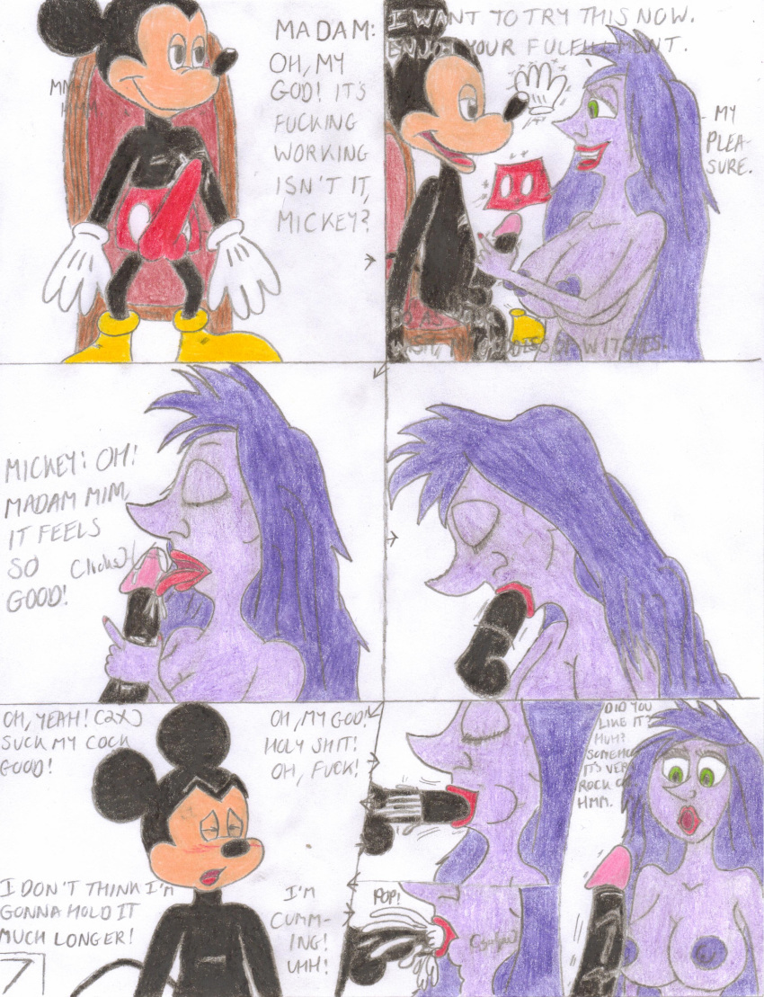 pechos cómic crossover corrida corrida en la boca disney disney channel ojos verdes lápiz labial madam_mim mickey mouse ratón mujer desnuda pezones desnudo pene pene en la boca cabello morado shrekrulez la espada en la piedra bruja