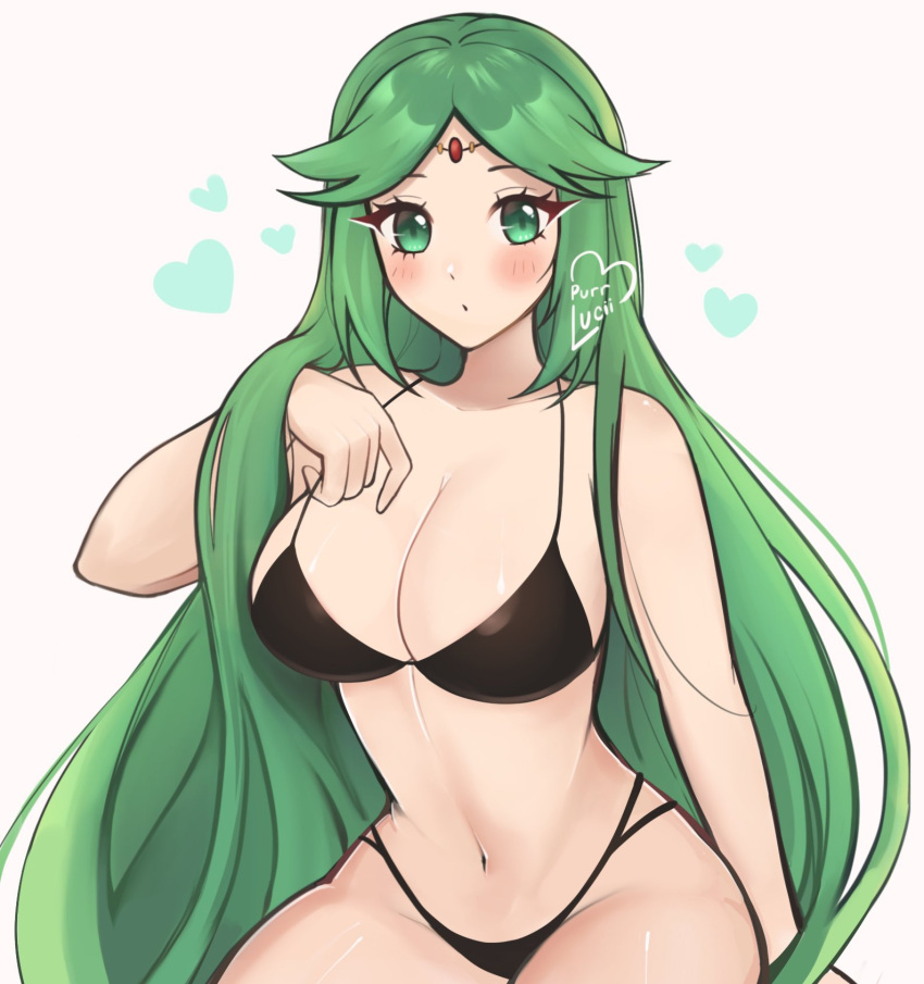 1girl 1girl seductor disfraz alternativo hombros descubiertos pechos grandes bikini bikini negro rubor escote comentario ojos verdes cabello verde fondo gris corazón alta resolución icarus niño cabello largo mirando al espectador ombligo nintendo palutena purrlucii fondo simple estómago traje de baño cabello muy largo