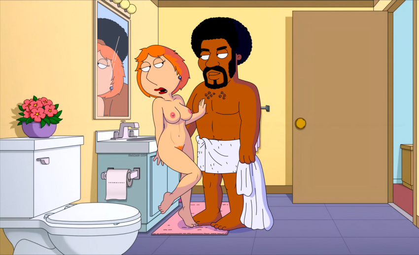 baño blackzacek pechos hombre_de piel oscura pezones_erectos chico_de_familia jerome_washington lois_griffin desnuda vello_púbico coño muslos toalla_alrededor_de la cintura