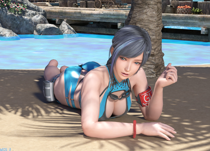 1 chica 3d atractiva piernas desnudas suplica 3 pechos grandes bikini cabello negro y azul ojos azules escote dead_or_alive dead_or_alive_xtreme_venus_vacation solo mujeres bikini de una pieza pin_up reika_(doa) piscina tecmo