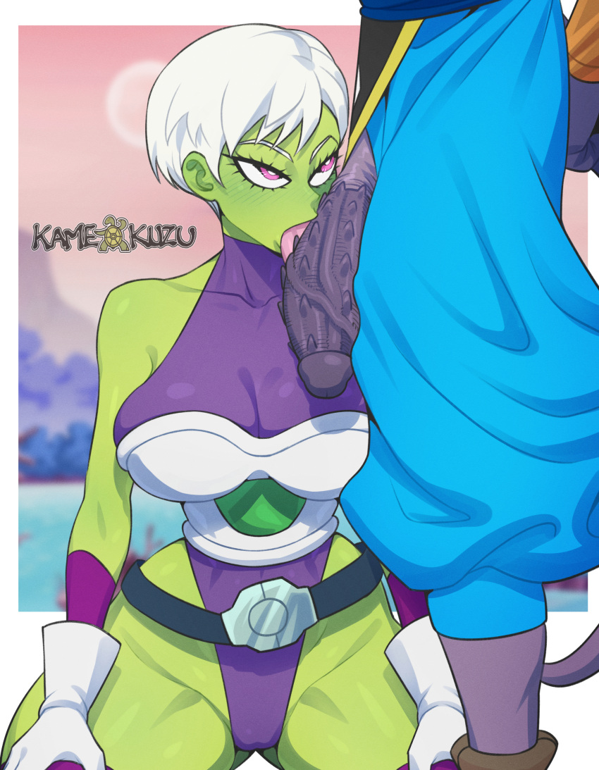 beerus pechos grandes pene grande engaño engaño (relación) cheelai dragon_ball dragon_ball_super dragon_ball_super_broly piel_verde pechos_enormes polla_enorme pene_enorme interespecie kamekuzu kameseru lamer_pene mirar_a_la_pareja netorare de rodillas piel_morada pelo_corto pene_venoso