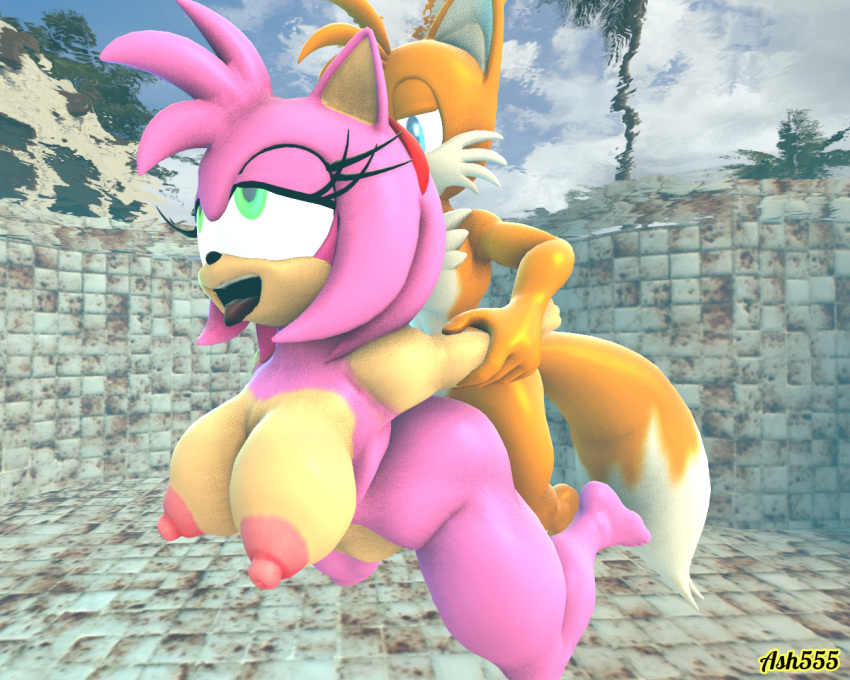 1 niño 1 niña 3d 3d_(obra de arte) amy_rose anthro pezones grandes pechos hembra zorro erizo peludo pechos enormes interespecie macho macho/hembra miles_