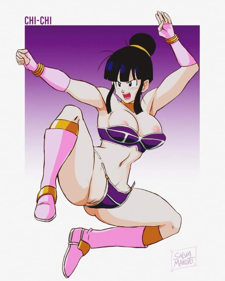 pechos grandes armadura de bikini sujetador de bikini levantador de glúteos ojos negros cabello negro pulsera chi-chi (dragon_ball) dragon_ball_z moño milf saltando nekom14 pezón_deslizante pezones pezones_por_fuera botas_rosadas guantes_rosados ​​coño coño_deslizante