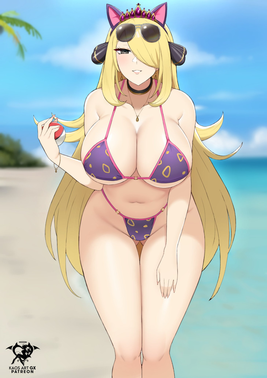 1girl 1girl atractiva pechos grandes bikini cabello rubio cynthia cynthia_(pokemon) game_freak caderas kaos_art mujer de piel clara piel clara cabello largo nintendo pokemon pokemon_dppt muslos gruesos muslos caderas anchas