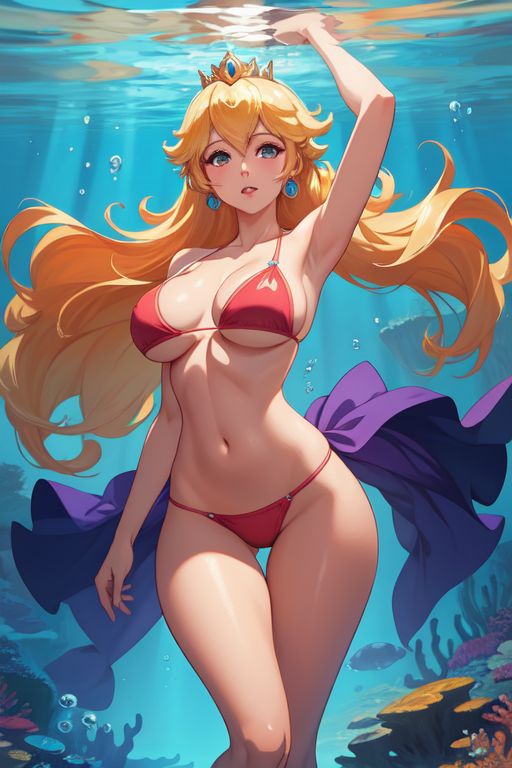 1girl ai_generated pechos grandes bikini pechos cartoolover mujer mario_(serie) ombligo nintendo océano princesa_peach bikini_rojo traje_de_baño_rojo mar solo super_mario_bros. traje de baño bajo el agua agua