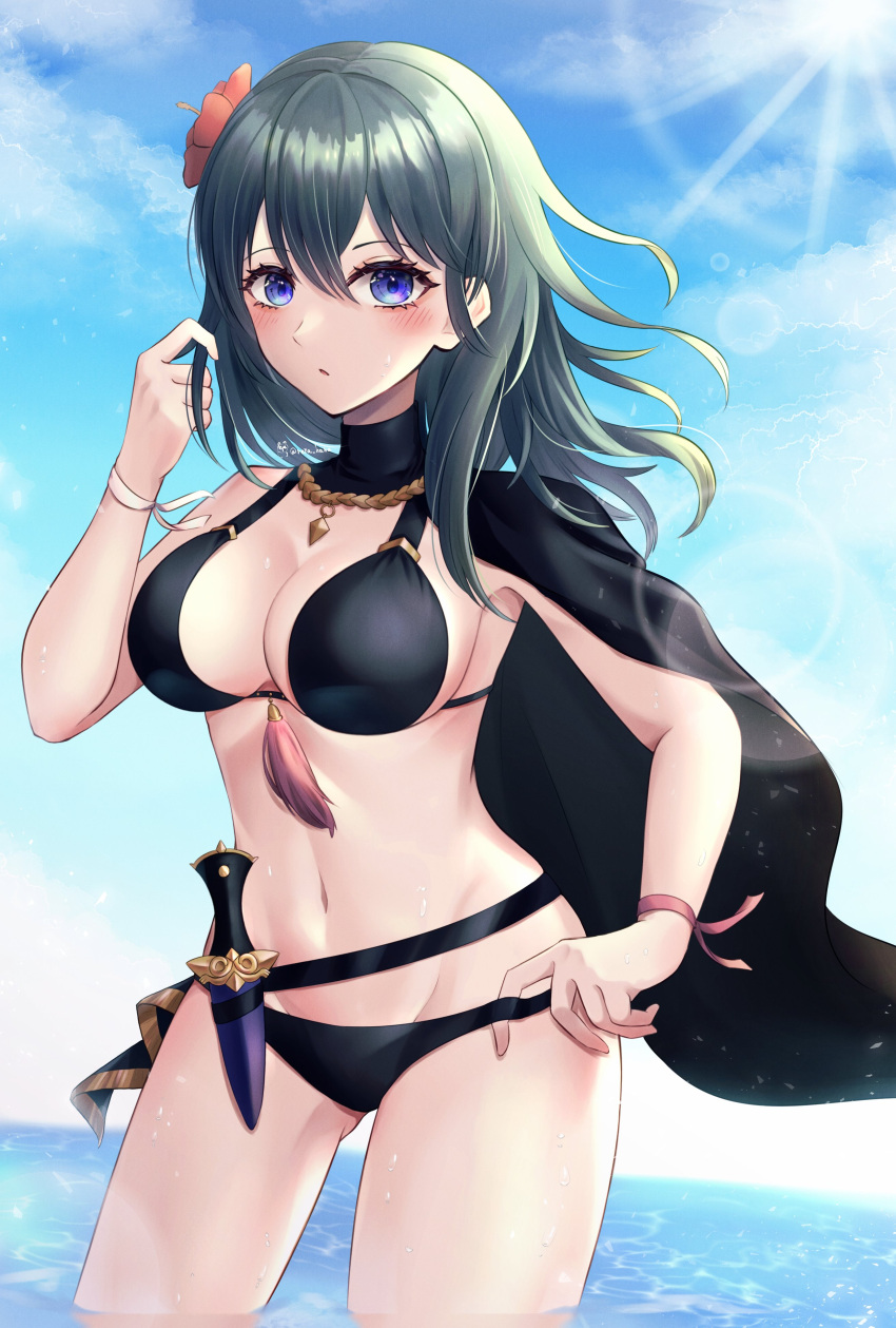 1 chica 1 chica 1 chica seductor disfraz alternativo bikini bikini negro traje de baño negro ojos azules byleth_(emblema_de_fuego) byleth_(emblema_de_fuego)_(mujer) byleth_(verano)_(emblema_de_fuego)_(mujer) solo mujeres emblema_de_fuego emblema_de_fuego:_tres_casas héroes_emblema_de_fuego mirando_al_espectador nintendo disfraz_alternativo_oficial exterior reia_hana traje de baño cabello_verde_azulado